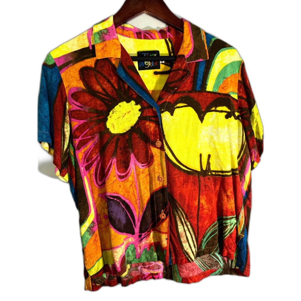 Vintage Jams World Womens Medium M Blossoms Floral Batik Rayon Camp Shirt Hawaii